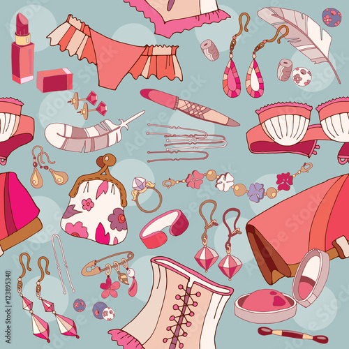 Woman accessories seamless pattern, underwear, cosmetics