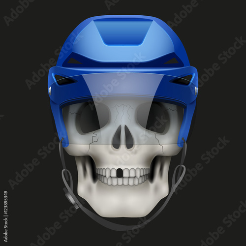 Vector Human skull with ice hockey helmet. Sport mascot or football game symbol. Vector Illustration on isolated dark background
