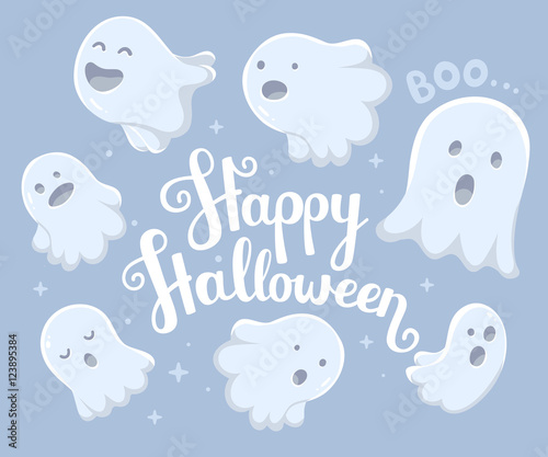 Vector halloween illustration of many white flying ghosts with e