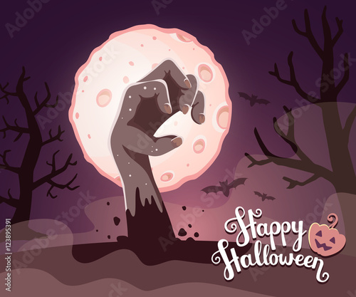 Vector halloween illustration of zombie hand in a graveyard with