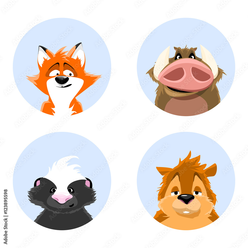 set of avatars wildlife. cute animals on a blue background. skunk, squirrel, wild boar, fox. vector illustrations. set of avatars wildlife. cute animals on a blue background. skunk, squirrel, wild boar, fox. vector illustrations.