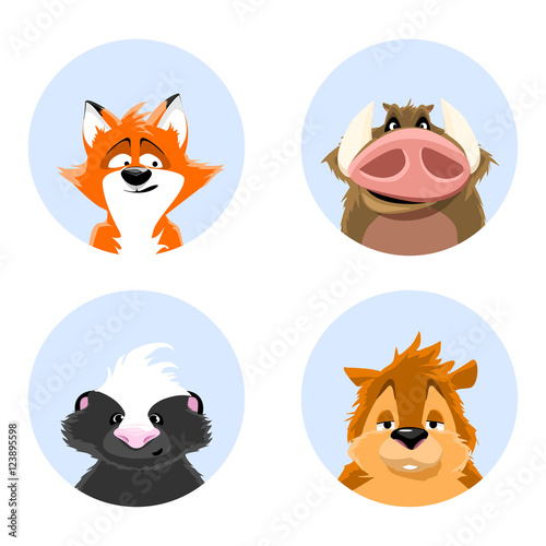 set of avatars wildlife. cute animals on a blue background. skunk, squirrel, wild boar, fox. vector illustrations.