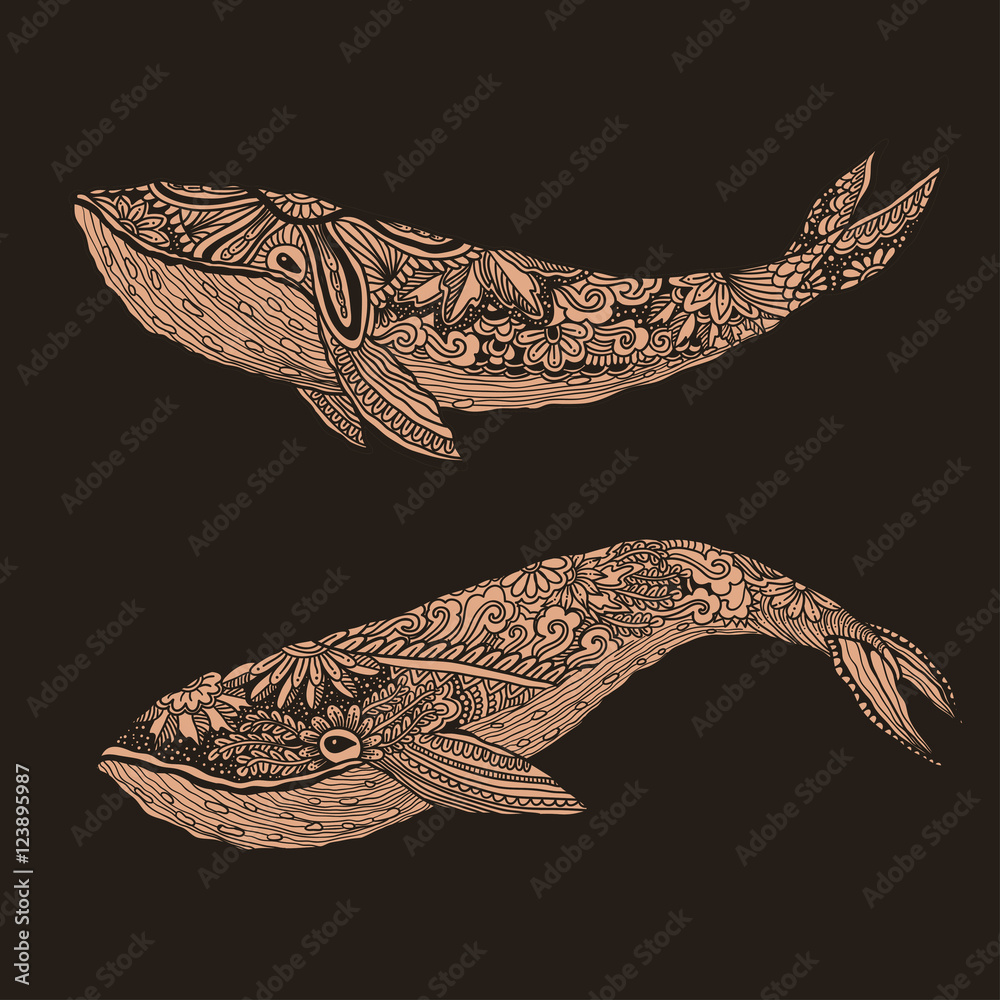 Large multicolored whale on a blue water background. An adult painted by hand in the art of different strokes, curls. zentangle style. Vector. The sad . Most sea, ocean fish, mammals.