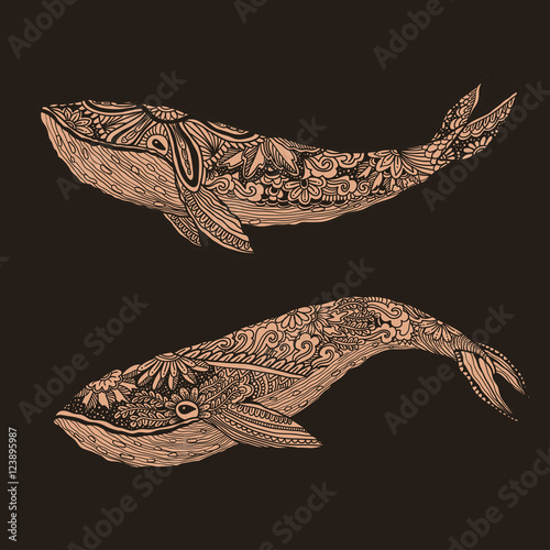 Large multicolored whale on a blue water background. An adult painted by hand in the art of different strokes, curls. zentangle style. Vector. The sad . Most sea, ocean fish, mammals.