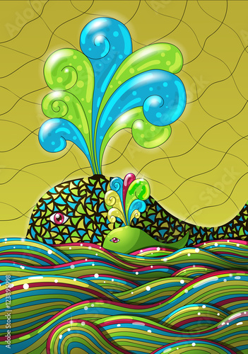 Cute unusual cartoon decorative whale and calf in the sea or oce