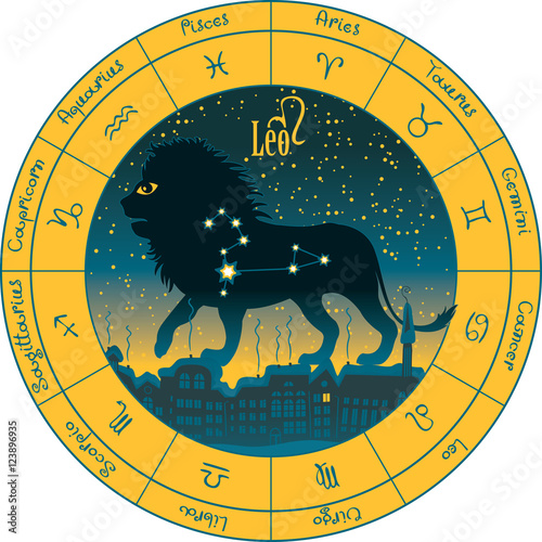 leo on the background urban night landscape and the starry sky in circle with the signs of the zodiac