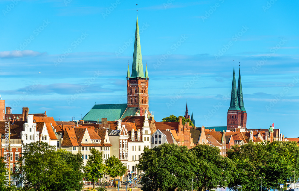 Skyline of Lubeck with St. Peter's Church and the Cathedral - Germany