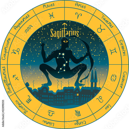 sagittarius on the background urban night landscape and the starry sky in circle with the signs of the zodiac