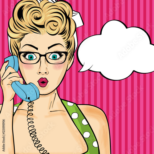 Pop art  woman chatting on retro phone . Comic woman with speech