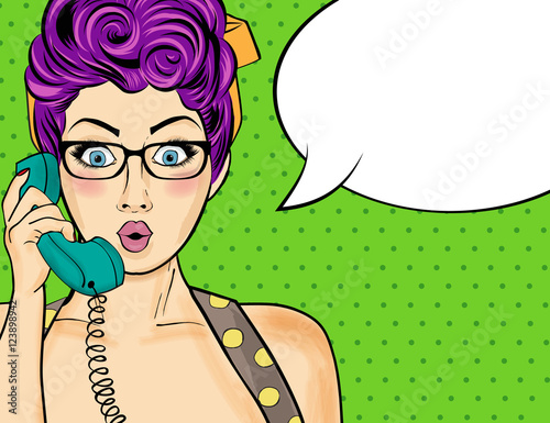 Pop art  woman chatting on retro phone . Comic woman with speech
