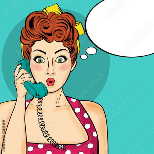 Pop art  woman chatting on retro phone . Comic woman with speech