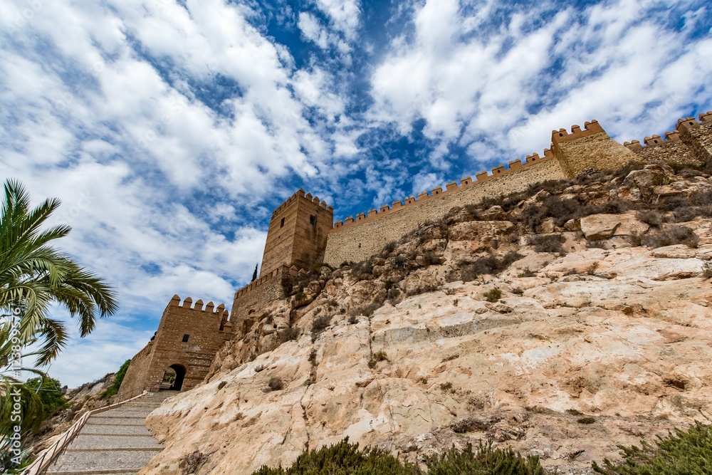 View of the walls and entrance of the Alcazaba of Almeria (Almeria Castle), Spain 