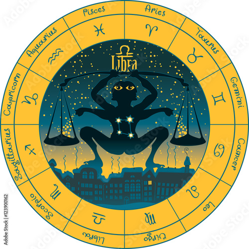 libra on the background urban night landscape and the starry sky in circle with the signs of the zodiac