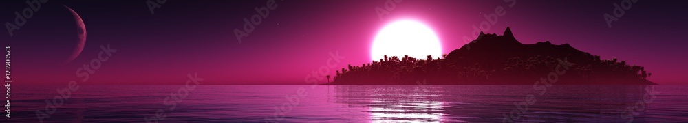 Panorama Sunset over a tropical island. Ocean sunrise in the tropics over the island.
