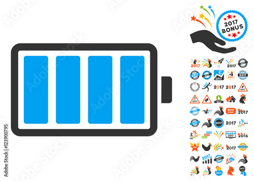 Battery pictograph with bonus 2017 new year images. Vector illustration style is flat iconic symbols, blue and gray colors, white background.