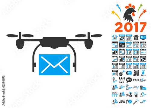 Mail Delivery Drone pictograph with bonus 2017 new year symbols. Vector illustration style is flat iconic symbols, blue and gray colors, white background.