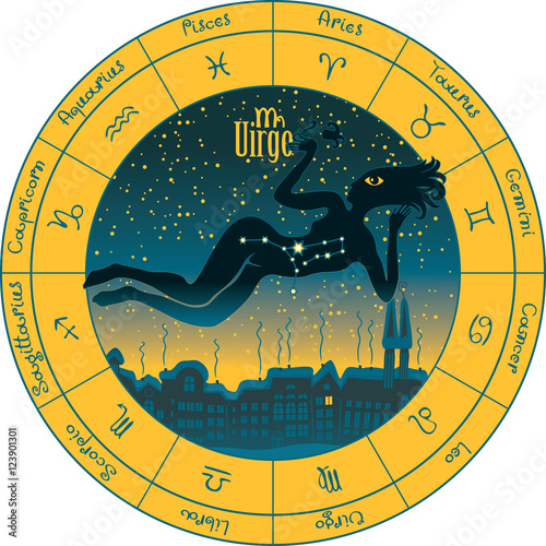 Virgo on the background urban night landscape and the starry sky in circle with the signs of the zodiac