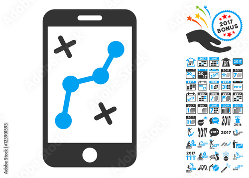 Route Smartphone icon with bonus 2017 new year pictograms. Vector illustration style is flat iconic symbols, blue and gray colors, white background.