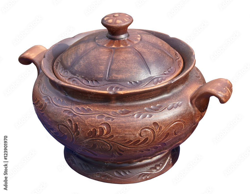 Beautiful tureen decorated with ornaments. Isolated on a white b Beautiful tureen decorated with ornaments. Isolated on a white b