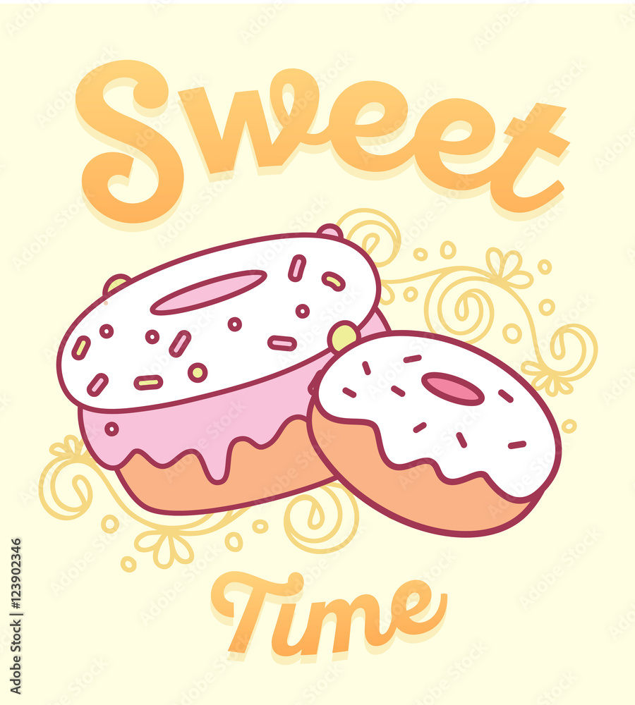 Vector illustration of cute two big donuts with flowers and word Vector illustration of cute two big donuts with flowers and word