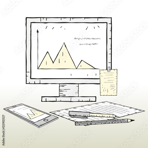 Office desk work place. Monitor, mobile phone, paper for notes and pen. Vector illustration.