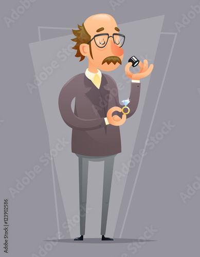 Jeweler Valuer Appraiser Quality Check Process Icon Retro Cartoon Design Vector Illustration