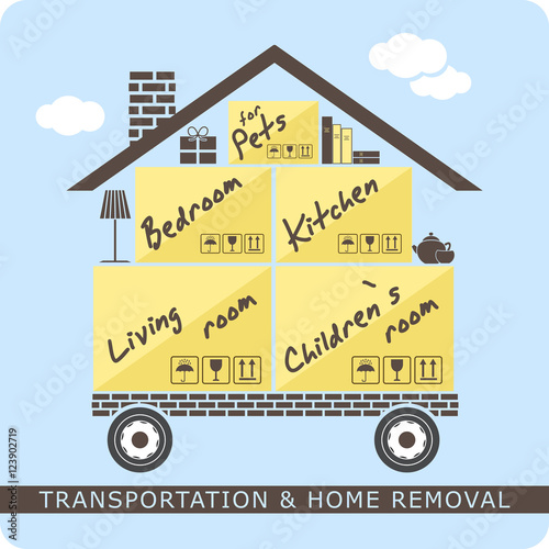 Transportation and home removal. Stylized house on wheels with boxes for moving. We're moving. Stock vector. Flat design.