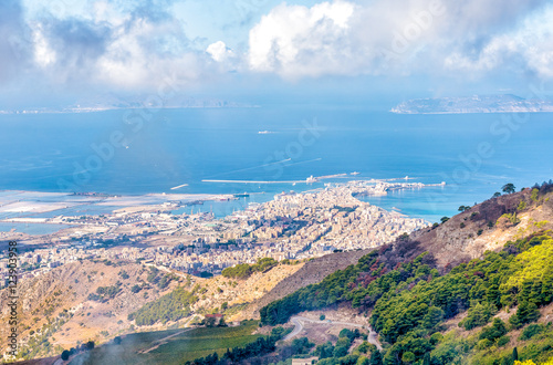 Panoramic view from Erice tuwards Trapani and Egadi Islands, Sicily, Italy