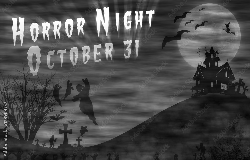 Naklejka premium Halloween design : Landscape horror with Horror Night message for halloween background.