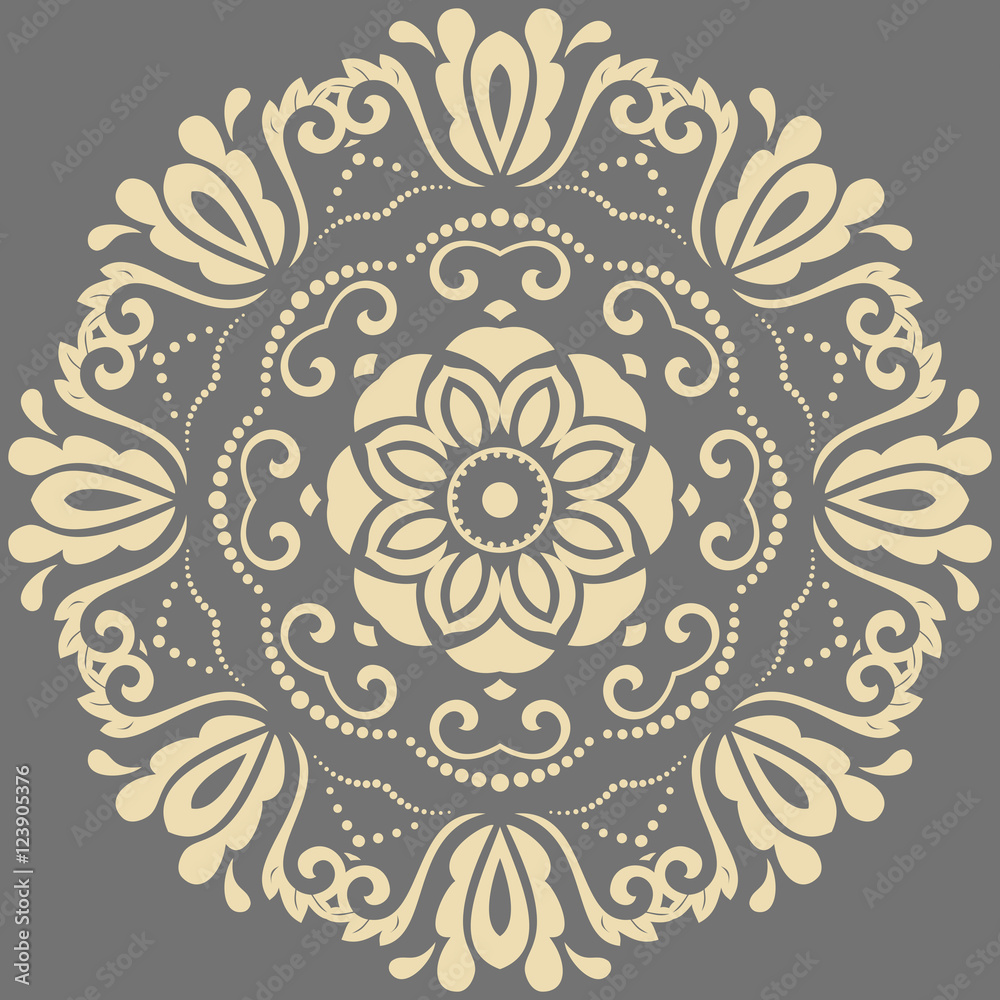 Oriental pattern with arabesques and floral elements. Traditional classic round ornament. Gray and golden pattern
