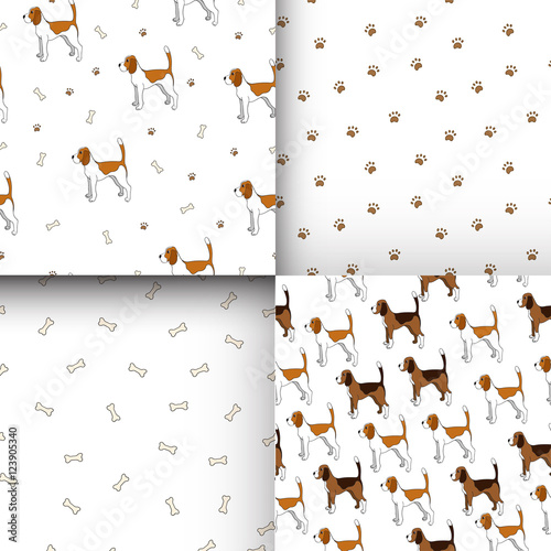 Set of seamless pattern with cute dog. Breed beagle