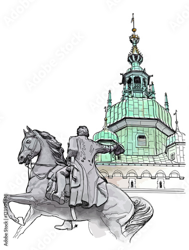Krakow. Poland. Tadeusz Kosciuszko Monument & The Wawel Cathedral, Katedra Wawelska in Polish, was the coronation site of Polish monarchs and remains Poland's most important national sanctuary