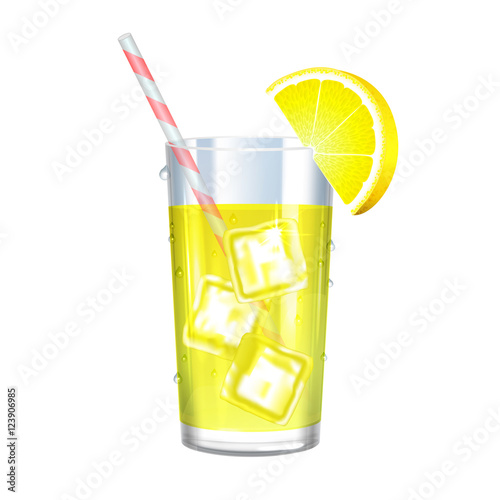 Lemonade with ice cubes and lemon on white background. Vector