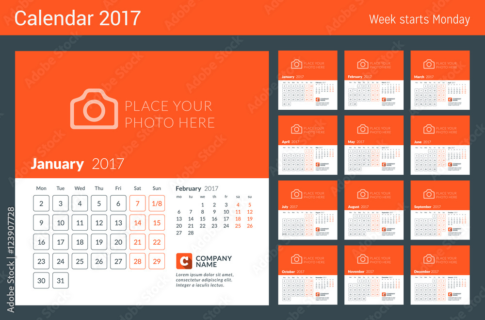 Calendar for 2017 Year. Week Starts Monday. 2 Months on Page. Vector Design Print Template with Place for Photo and Company Logo Calendar for 2017 Year. Week Starts Monday. 2 Months on Page. Vector Design Print Template with Place for Photo and Company Logo