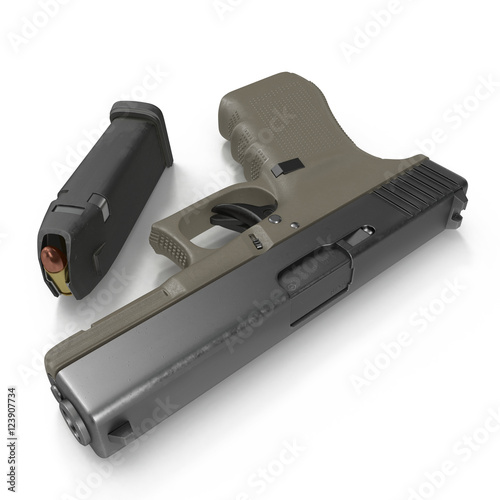 Semi automatic pistol with magazine and ammo on a white. 3D illustration