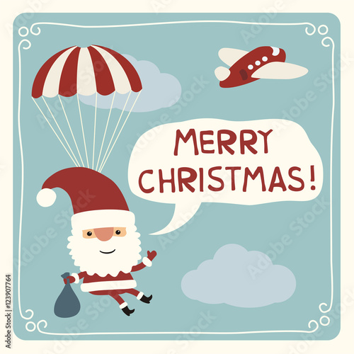 Merry Christmas! Funny Santa Claus flying on parachute with bag of gifts. Christmas card in cartoon style.