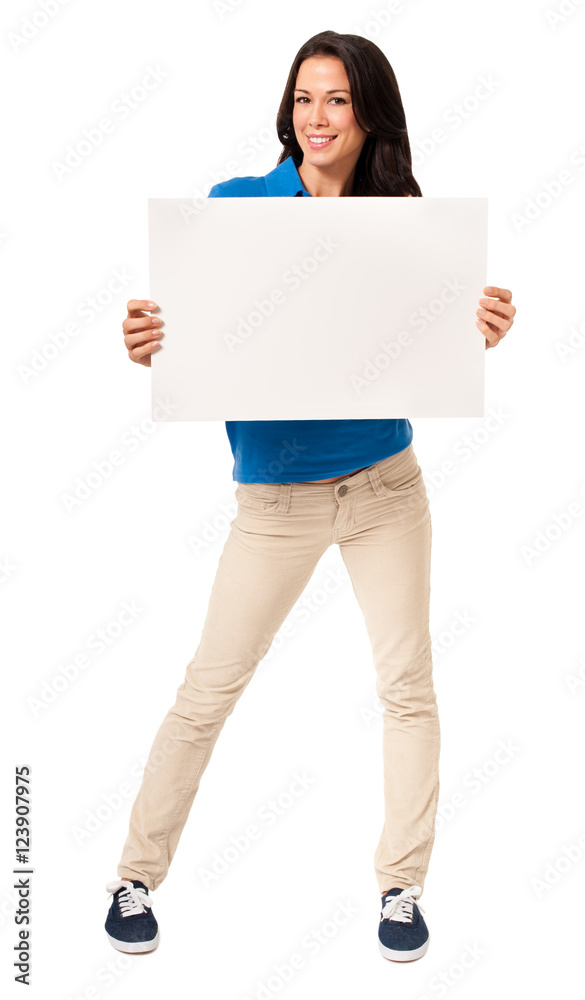 Full-length casually dressed young woman sholding showing displaying blank sign card poster board placard isolated on white background Full-length casually dressed young woman sholding showing displaying blank sign card poster board placard isolated on white background