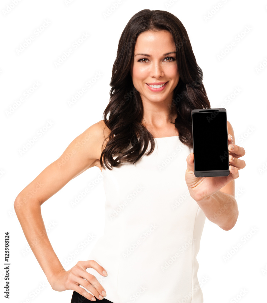 Stylish sophisticated young woman showing blank screen mobile phone isolated on white background