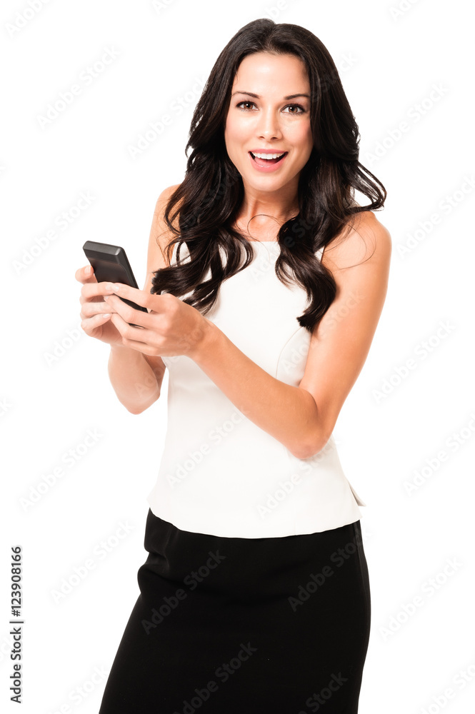 Stylish young woman texting with mobile phone isolated on white background Stylish young woman texting with mobile phone isolated on white background