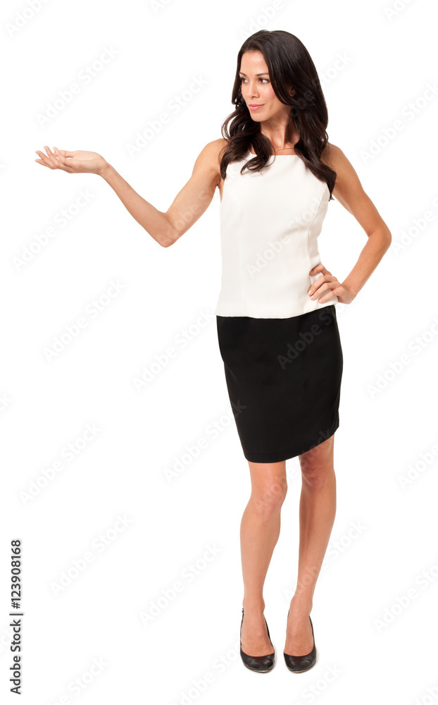 Full-length stylish young woman spokeswoman presenter explaining gesturing showing isolated on white background Full-length stylish young woman spokeswoman presenter explaining gesturing showing isolated on white background