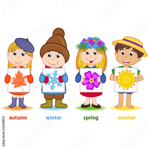 children holding a sheet of paper with icons of seasons - vector illustration, eps
