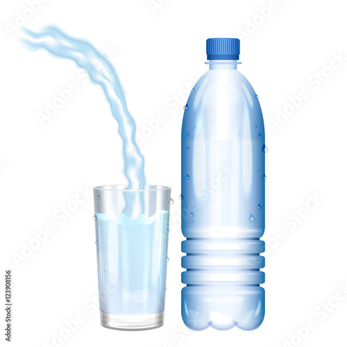 Water in bottle. Pouring water in glass. Vector illustration.