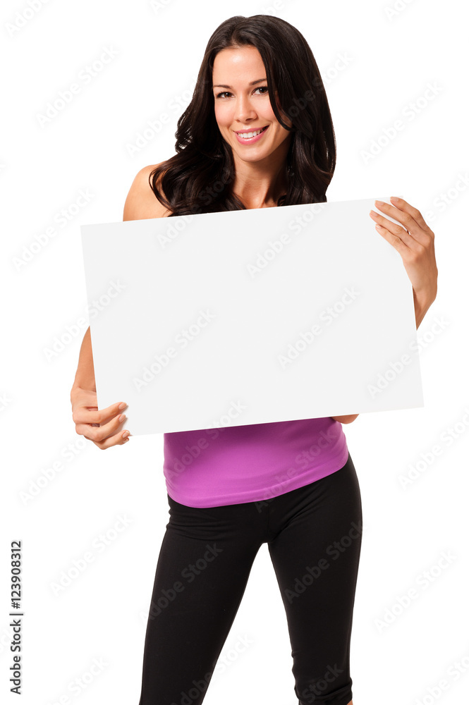 Beautifully fit young female woman girl fitness trainer with blank sign card isolated on white background Beautifully fit young female woman girl fitness trainer with blank sign card isolated on white background