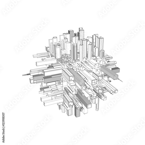 3d city circle. Vector outline illustration.