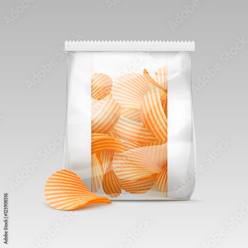 Vector White Vertical Sealed Transparent Plastic Bag for Package Design with Potato Ripple Crispy Chips Close up Isolated on White Background