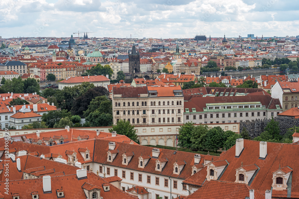 Panoramic view of Prague from castle point on cloudy day in summer