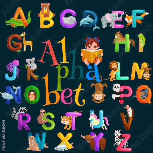 animals alphabet set for kids abc education in preschool.