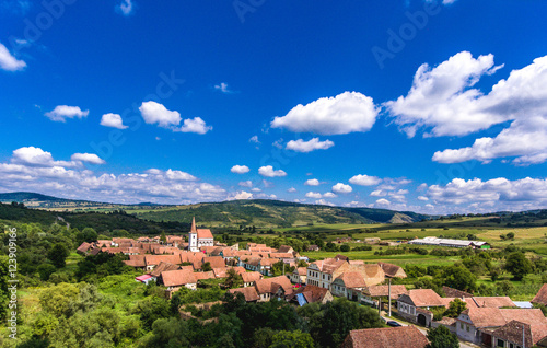 Traditional saxon village Cloasterf in the heart of Transylvania  Romania. Aerial view from a drone.