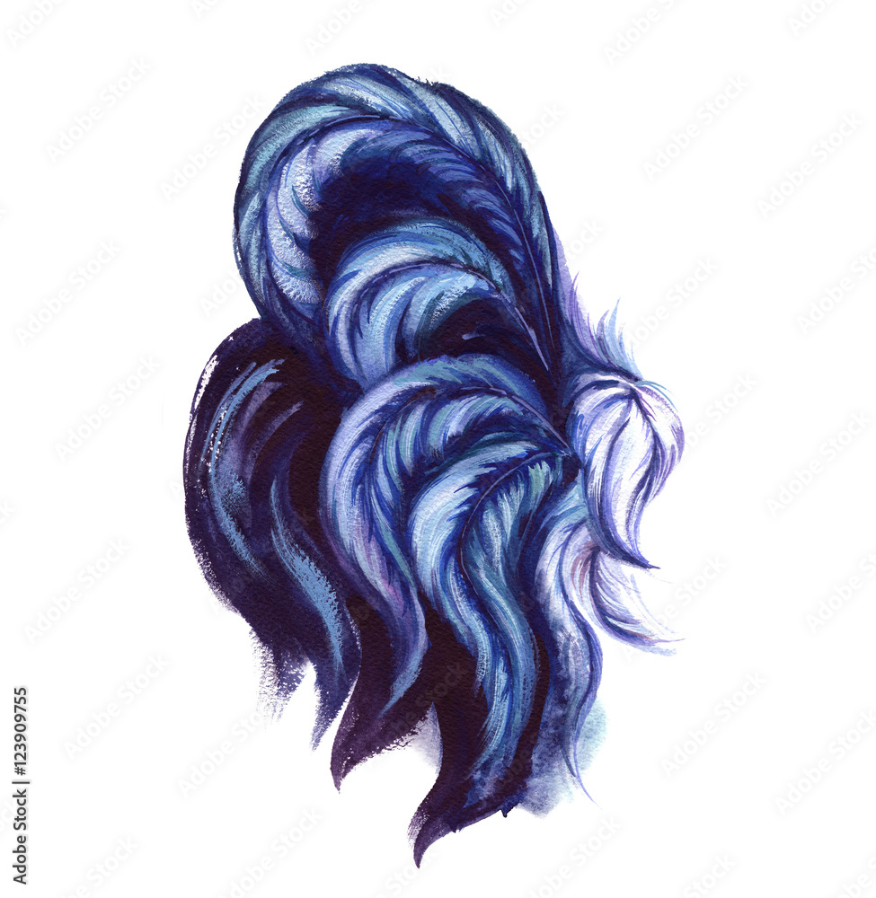 Watercolor rooster illustration. Purple rooster tail. Chinese New