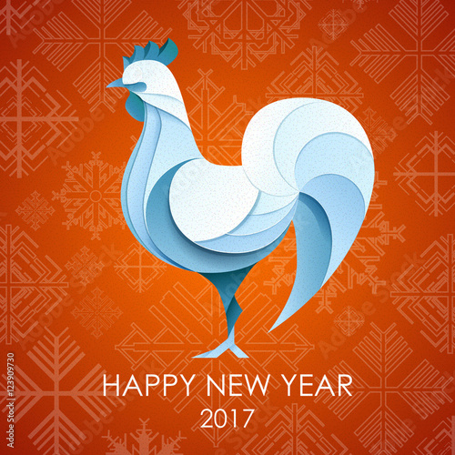 3D Origami Silhouette of cock or chicken. Happy New Year card 2017
